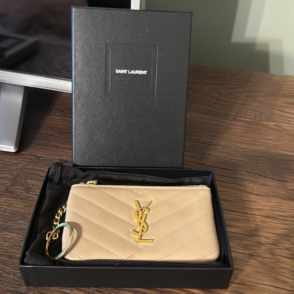 Saint Laurent Tan Quilted Key Holder with Gold Logo
